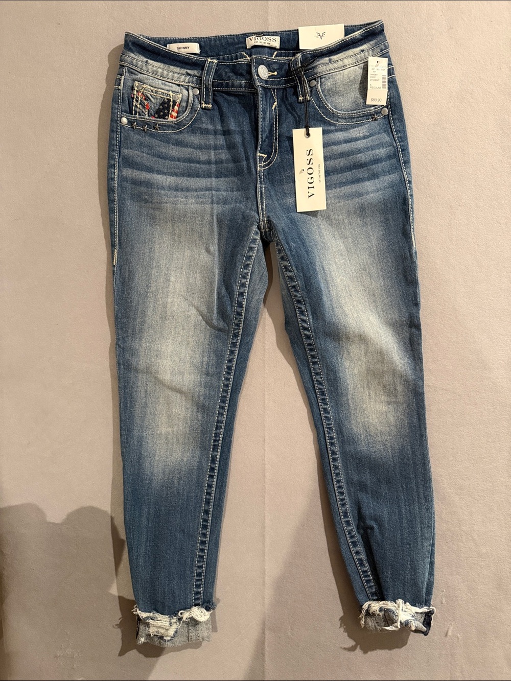 Vigoss Women's Stars and Stripes Accents Light Blue Distressed Ankle Jeans